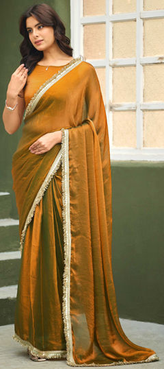 Gold color Readymade Saree in Chiffon fabric with Embroidered, Sequence work