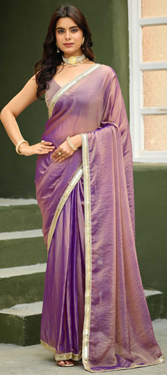 Purple and Violet color Readymade Saree in Georgette fabric with Embroidered, Sequence work