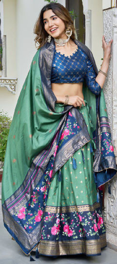 Blue, Green color Lehenga in Dolla Silk fabric with Floral, Printed work