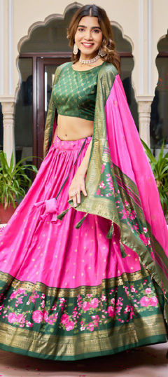 Green, Pink and Majenta color Lehenga in Dolla Silk fabric with Floral, Printed work