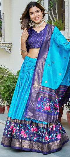 Blue color Lehenga in Dolla Silk fabric with Floral, Printed work