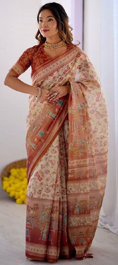 Red and Maroon, White and Off White color Saree in Cotton, Linen fabric with Floral, Printed work