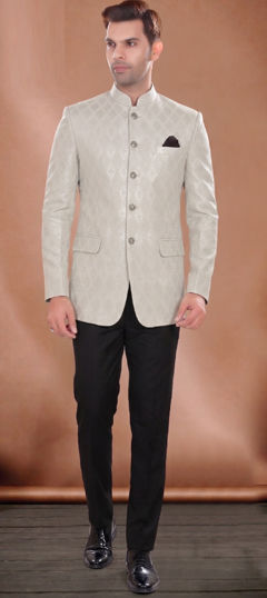 Black and Grey color Jodhpuri Suit in Jacquard fabric with Weaving work