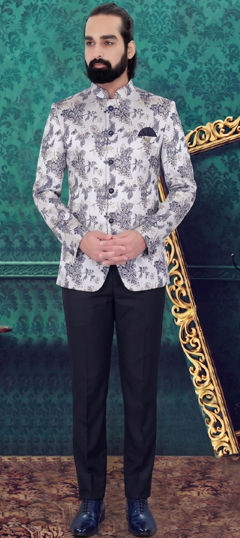 Blue color Jodhpuri Suit in Jacquard fabric with Floral, Printed work