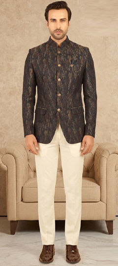 Blue color Jodhpuri Suit in Jacquard fabric with Weaving work