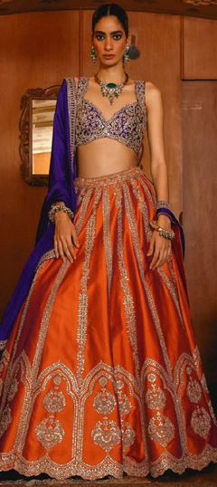 Orange color Lehenga in Silk fabric with Embroidered, Sequence, Thread work