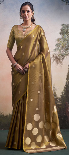 Beige and Brown color Saree in Tissue fabric with Weaving work