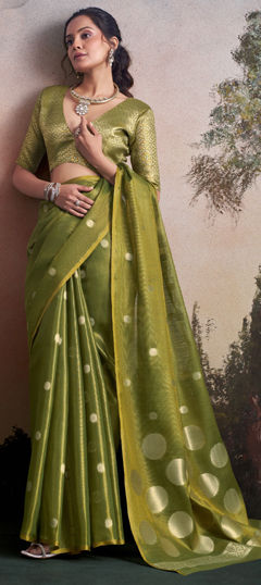 Green color Saree in Tissue fabric with Weaving work