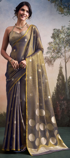 Black and Grey color Saree in Tissue fabric with Weaving work