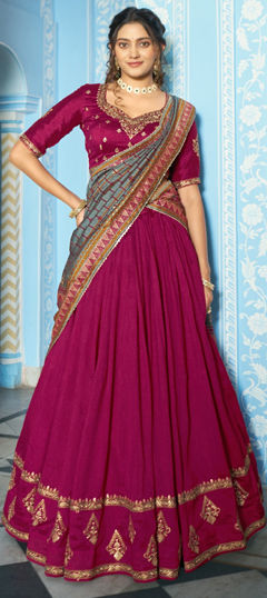 Pink and Majenta color Lehenga in Silk fabric with Embroidered, Sequence, Thread work