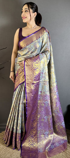 Multicolor color Saree in Kanjeevaram Silk fabric with Weaving, Zari work