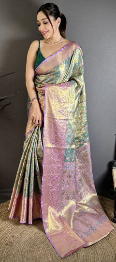 Multicolor color Saree in Kanjeevaram Silk fabric with Weaving, Zari work