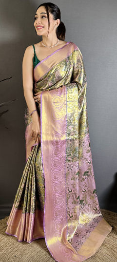 Multicolor color Saree in Kanjeevaram Silk fabric with Weaving, Zari work