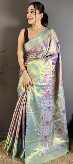 Multicolor color Saree in Kanjeevaram Silk fabric with Weaving, Zari work