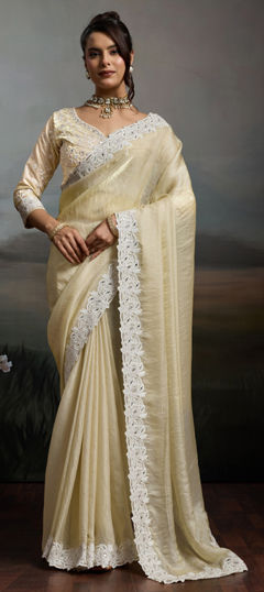 White and Off White color Saree in Organza Silk fabric with Embroidered, Mirror work