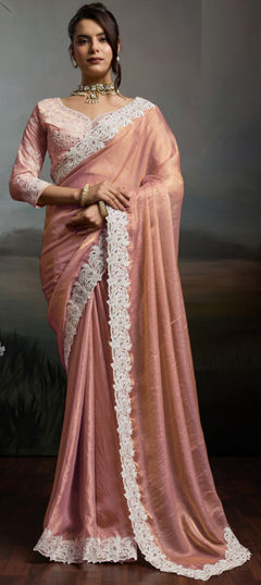 Pink and Majenta color Saree in Organza Silk fabric with Embroidered, Mirror work