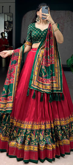 Red and Maroon color Lehenga in Tussar Silk fabric with Printed work