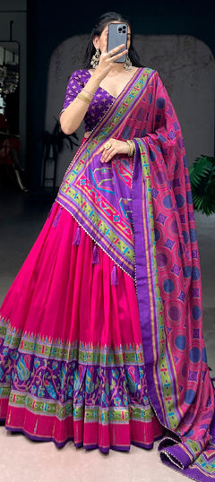 Pink and Majenta color Lehenga in Tussar Silk fabric with Printed work