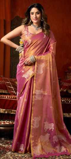 Pink and Majenta color Saree in Tissue fabric with Weaving work