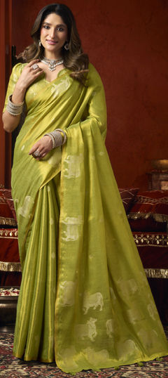 Green color Saree in Tissue fabric with Weaving work