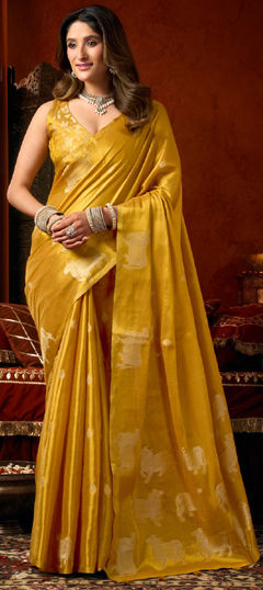 Yellow color Saree in Tissue fabric with Weaving work