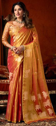 Orange color Saree in Tissue fabric with Weaving work