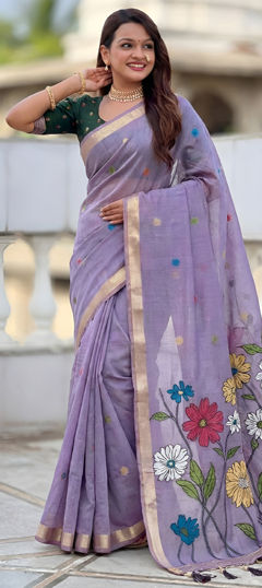 Purple and Violet color Saree in Silk cotton fabric with Floral, Printed work