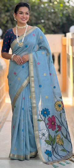 Blue color Saree in Silk cotton fabric with Floral, Printed work