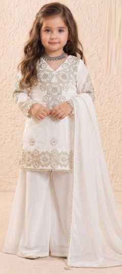 White and Off White color Kids Salwar in Faux Georgette fabric with Embroidered work