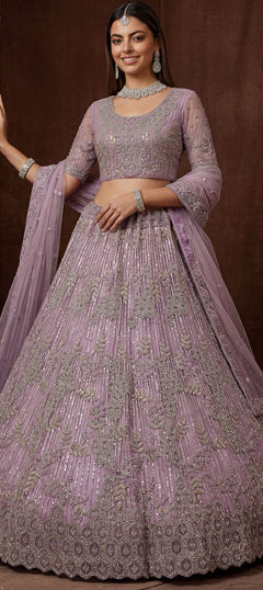 Purple and Violet color Lehenga in Net fabric with Embroidered, Sequence work