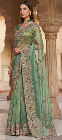Green color Saree in Silk fabric with Embroidered, Sequence work