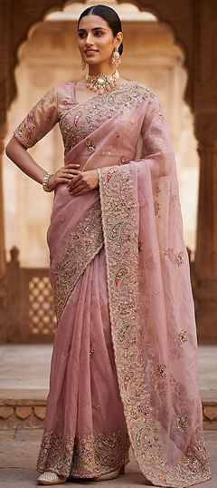 Pink and Majenta color Saree in Silk fabric with Embroidered, Sequence work