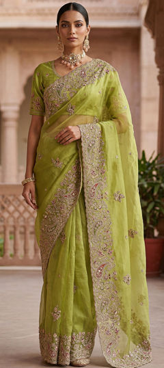 Green color Saree in Silk fabric with Embroidered, Sequence work