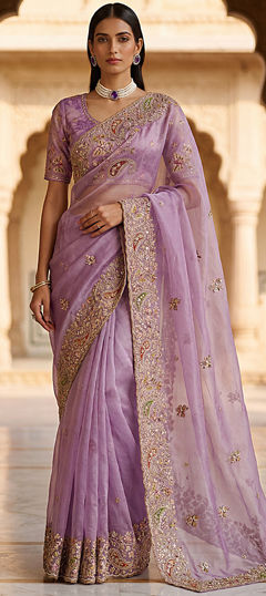 Purple and Violet color Saree in Silk fabric with Embroidered, Sequence work