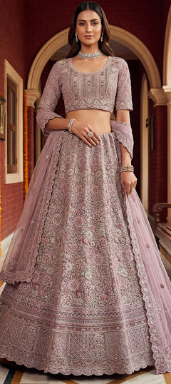 Purple and Violet color Lehenga in Net fabric with Embroidered, Sequence work