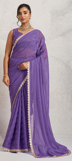 Purple and Violet color Readymade Saree in Georgette fabric with Lace work