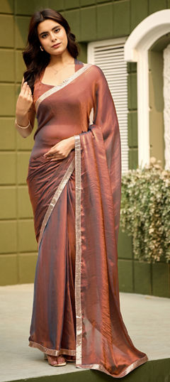Beige and Brown color Readymade Saree in Chiffon fabric with Lace work