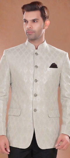 Black and Grey color Blazer in Jacquard fabric with Weaving work