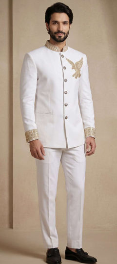 White and Off White color Jodhpuri Suit in Rayon, Viscose fabric with Embroidered work