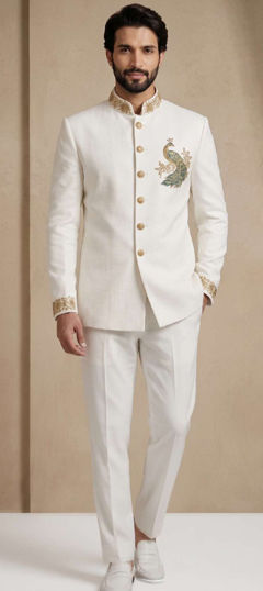 White and Off White color Jodhpuri Suit in Rayon, Viscose fabric with Embroidered work