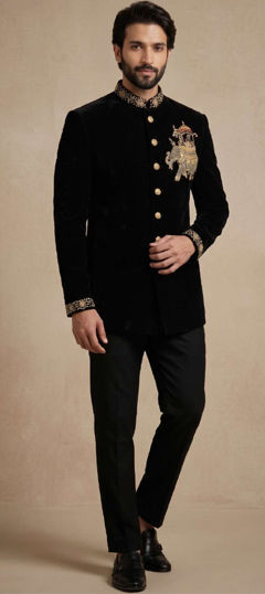 Black and Grey color Jodhpuri Suit in Rayon, Viscose fabric with Embroidered work