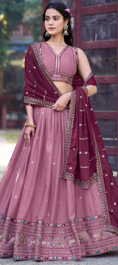Pink and Majenta color Lehenga in Georgette fabric with Embroidered, Resham, Sequence, Zari work