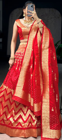 Red and Maroon color Lehenga in Silk fabric with Weaving, Zari work