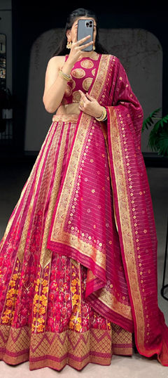 Pink and Majenta color Lehenga in Silk fabric with Weaving, Zari work