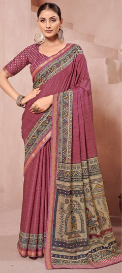 Pink and Majenta color Saree in Silk fabric with Printed work