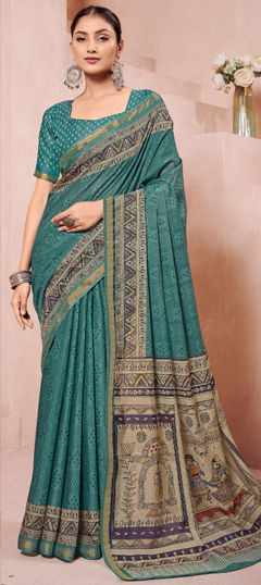 Blue color Saree in Silk fabric with Printed work