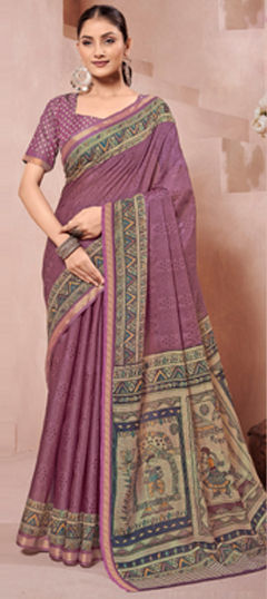 Purple and Violet color Saree in Silk fabric with Printed work
