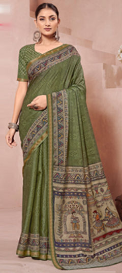 Green color Saree in Silk fabric with Printed work