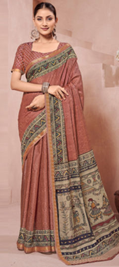 Beige and Brown color Saree in Silk fabric with Printed work