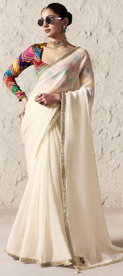 White and Off White color Saree in Organza Silk fabric with Embroidered, Lace, Sequence, Thread work